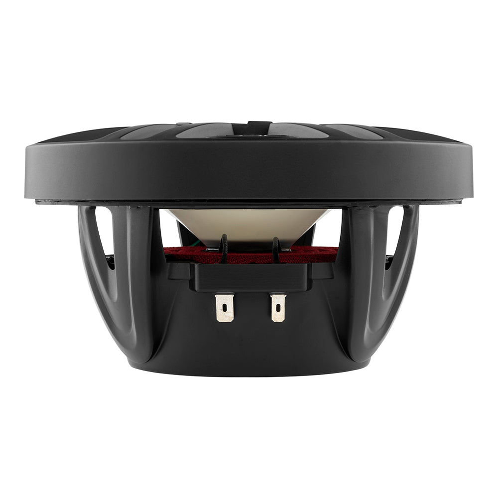 DS18 HYDRO 6.5" 2-Way Marine Speakers in matte black with RGB LED lights, showcasing a side view of the speaker design.
