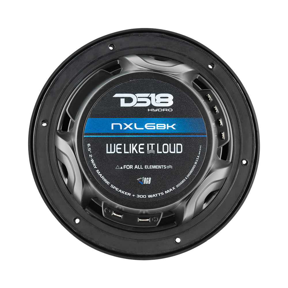 DS18 HYDRO 6.5" 2-Way Marine Speaker in matte black with RGB LED lights, featuring a 300W max power rating.