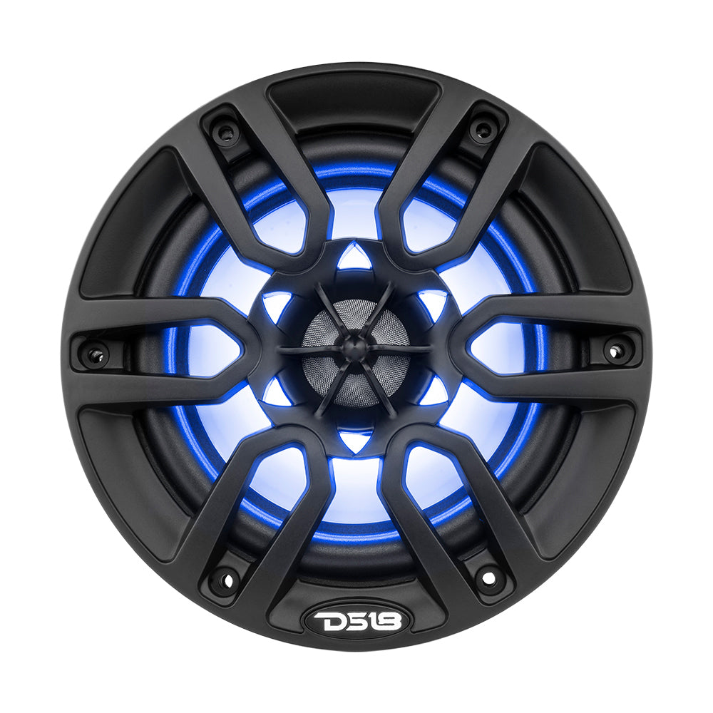 DS18 HYDRO 6.5" 2-Way Marine Speaker in matte black with RGB LED lights, featuring a sleek, modern design.