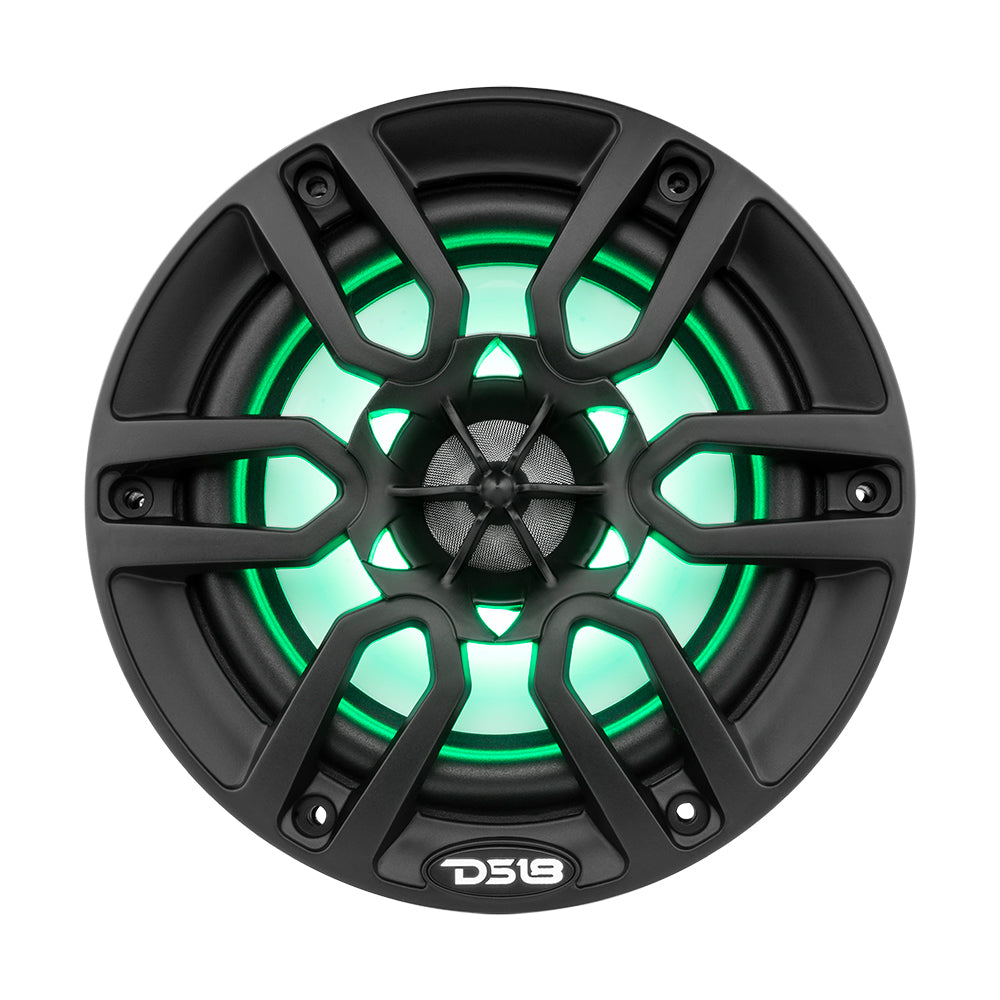 DS18 HYDRO 6.5" 2-Way Marine Speaker in matte black with RGB LED lights, featuring a sleek design and 300W power.