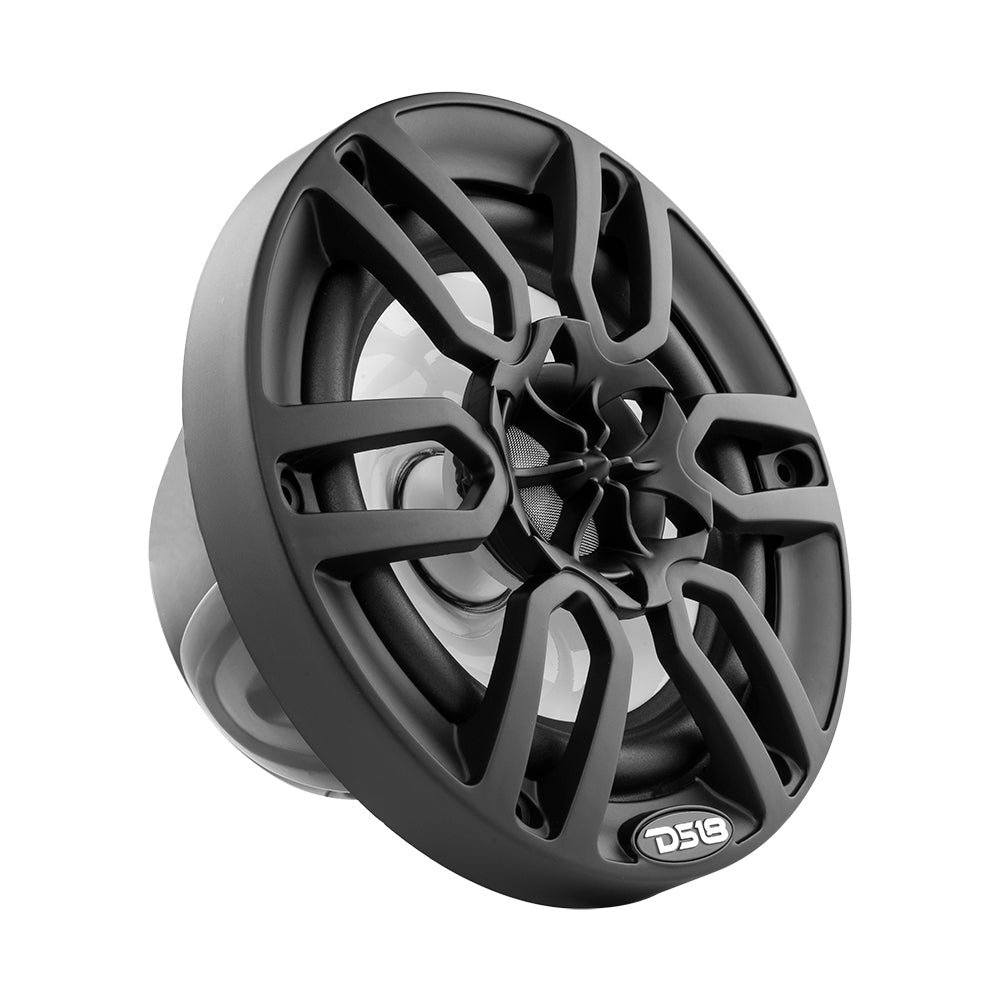 DS18 HYDRO 6.5" 2-Way Marine Speaker in matte black with RGB LED lights, featuring a sleek, modern design.