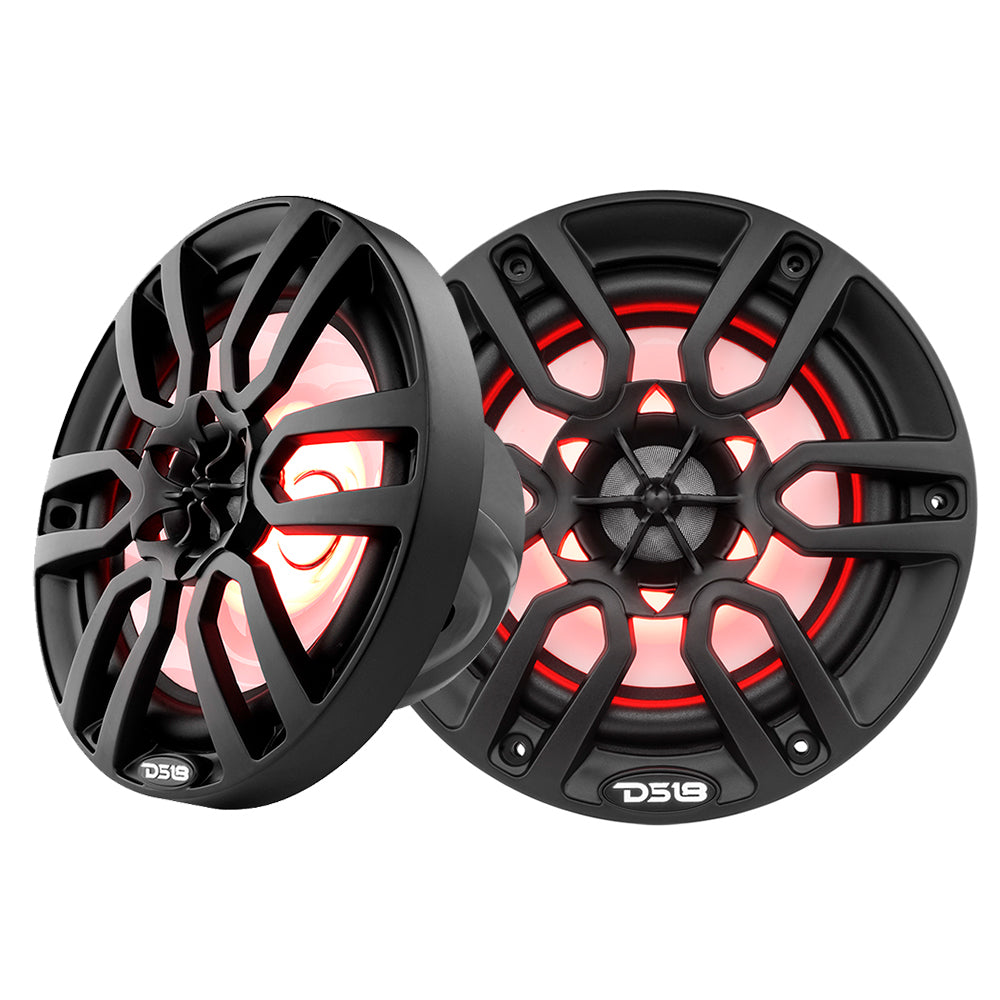 DS18 HYDRO 6.5" 2-Way Marine Speakers in matte black with RGB LED lights, featuring a sleek design and powerful sound.