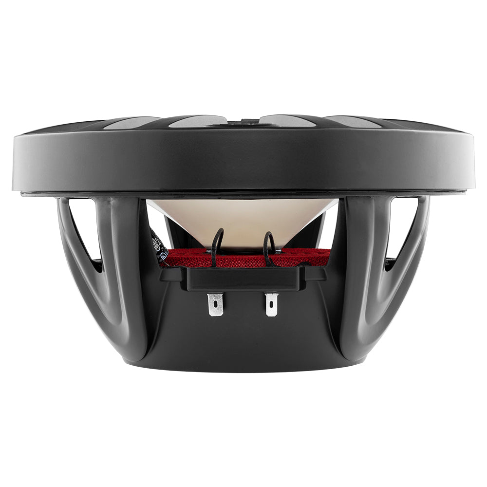 DS18 HYDRO 8" 2-Way Marine Speakers in matte black with RGB LED lights, showcasing a robust design and wiring connections.