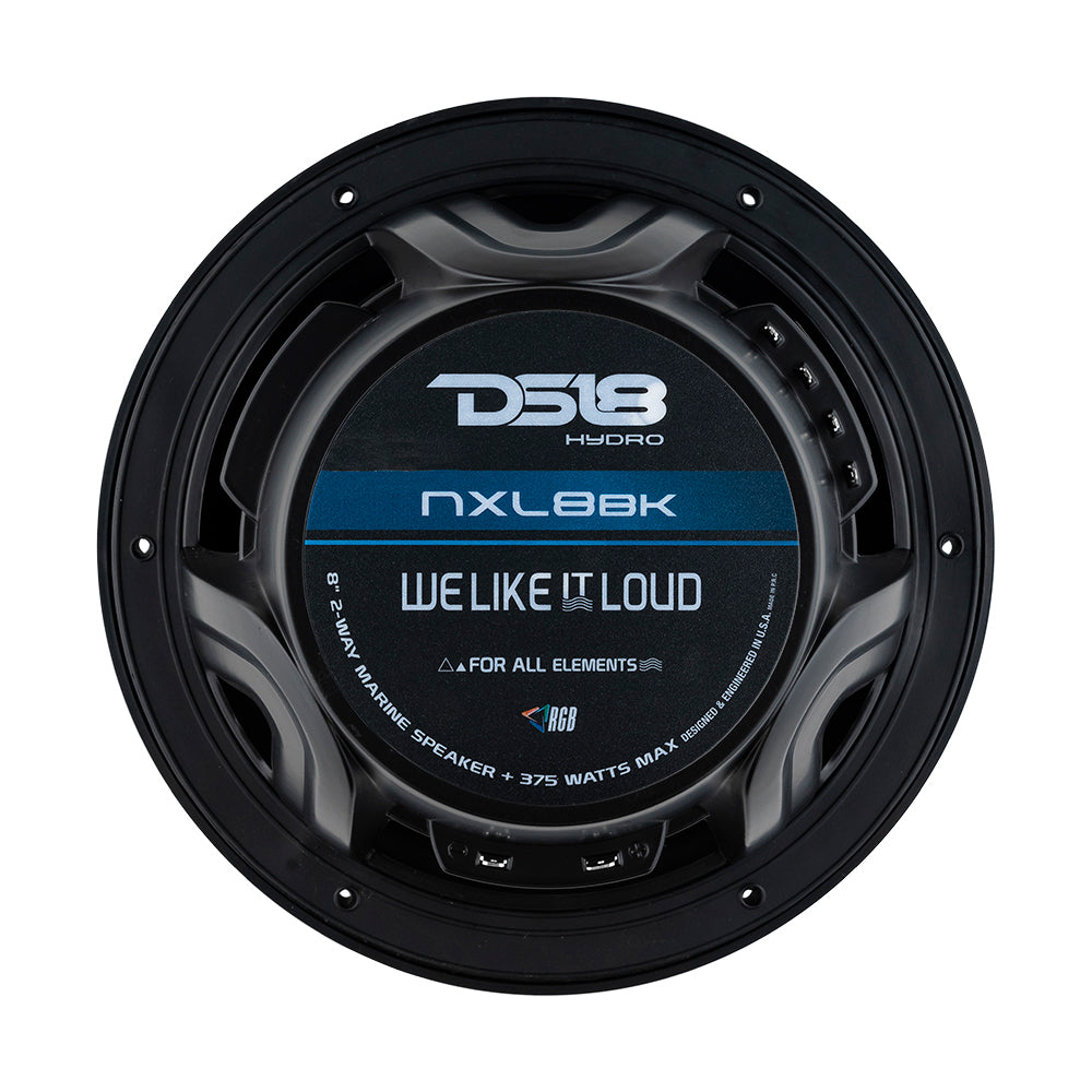 DS18 HYDRO 8" 2-Way Marine Speakers in matte black with RGB LED lights, featuring a 375W power rating and sleek design.