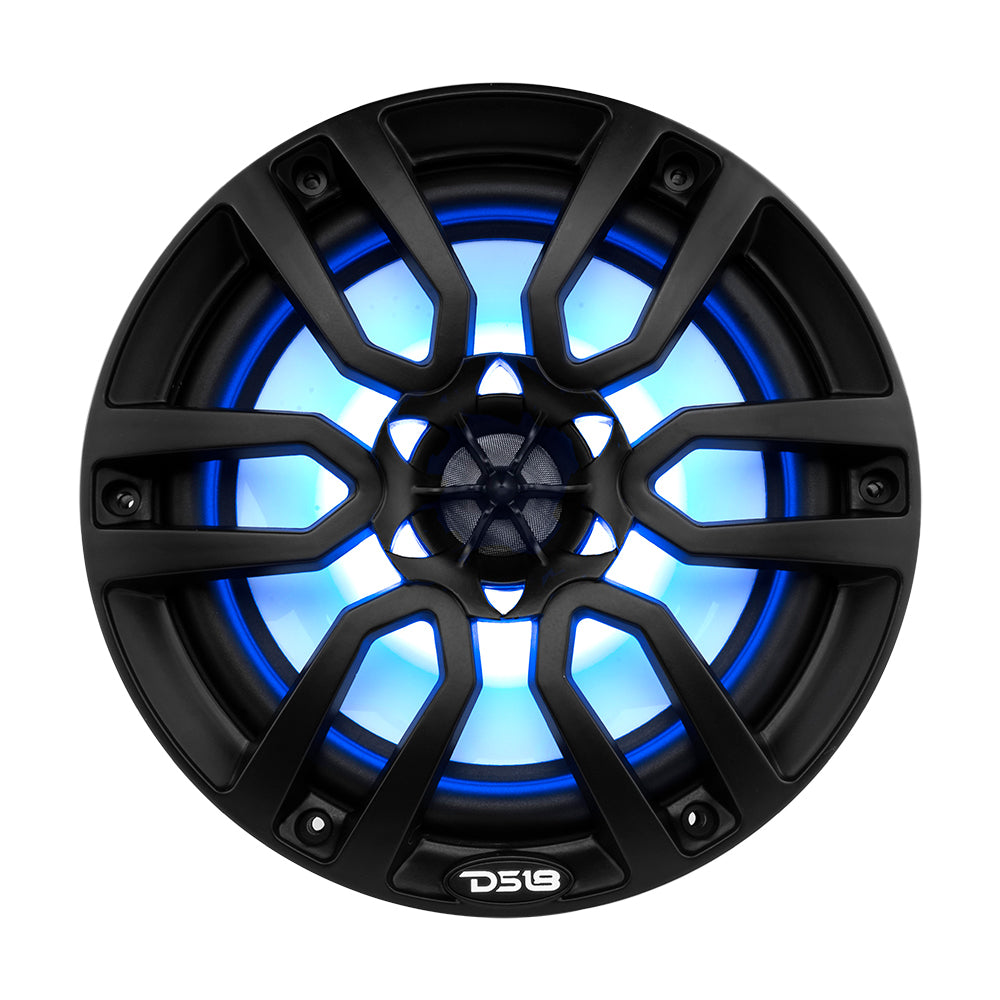 DS18 HYDRO 8" 2-Way Marine Speaker in matte black with RGB LED lights, featuring a sleek design and powerful sound.