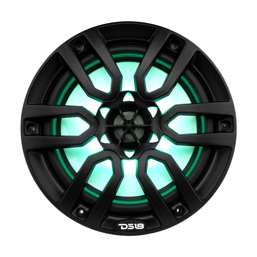 DS18 HYDRO 8" 2-Way Marine Speaker in matte black with RGB LED lights, featuring a modern design and powerful sound output.
