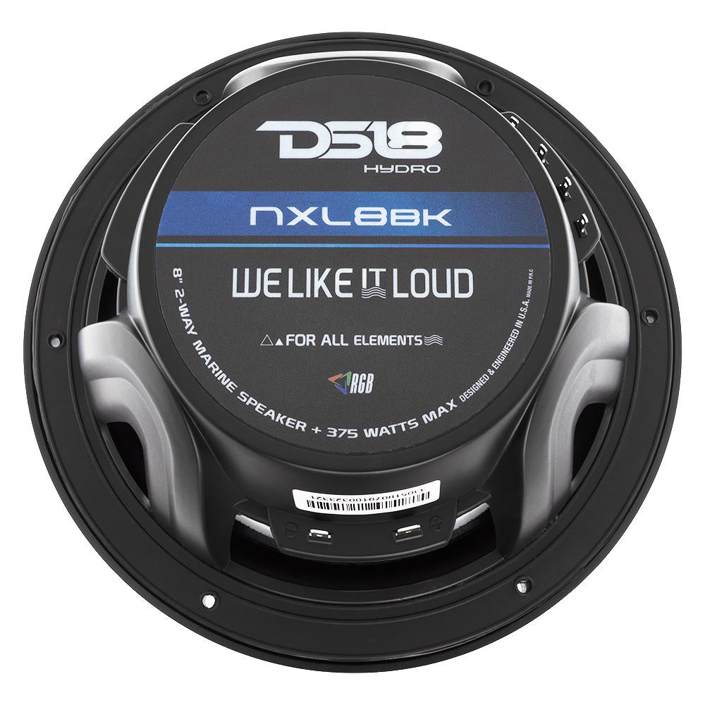 DS18 HYDRO 8" 2-Way Marine Speaker in matte black with RGB LED lights, featuring a 375W power rating.