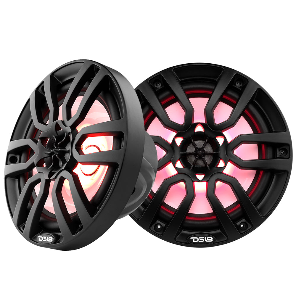 DS18 HYDRO 8" 2-Way Marine Speakers in matte black with RGB LED lights, featuring a sleek design and powerful sound output.