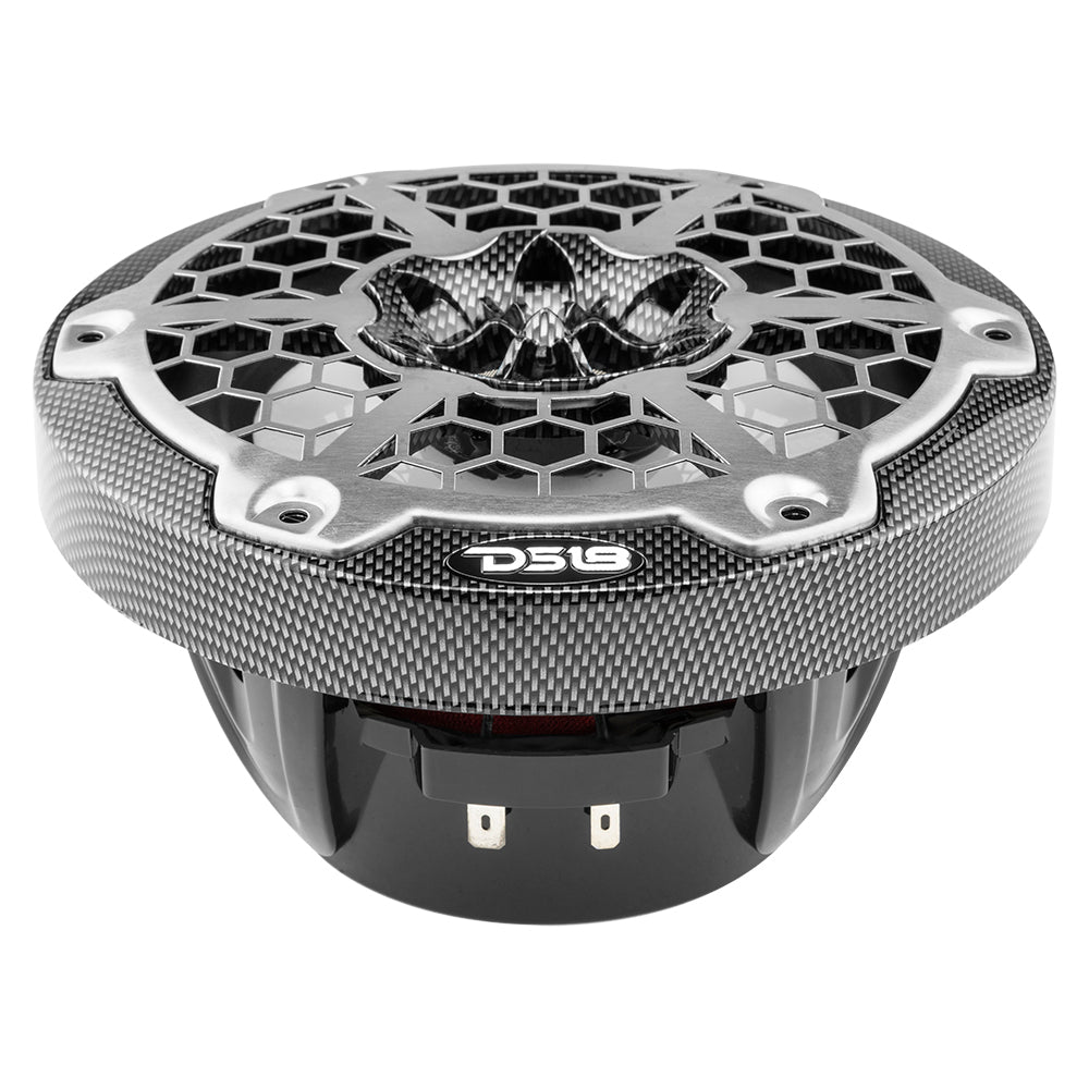 DS18 HYDRO 6.5" 2-Way Marine Speaker with a black carbon fiber finish and RGB LED lights, featuring a honeycomb grille design