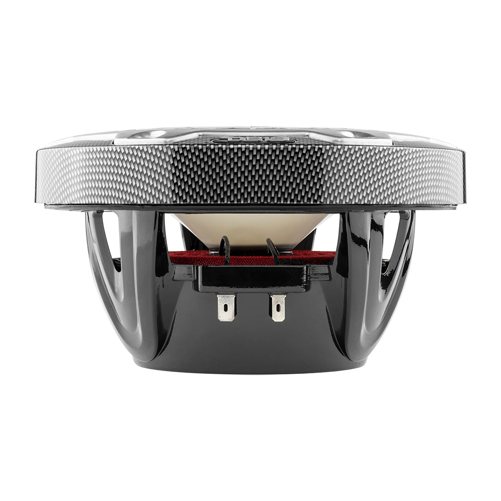 DS18 HYDRO 6.5" 2-Way Marine Speakers in black carbon fiber with RGB LED lights, showcasing a sleek design and durable build.