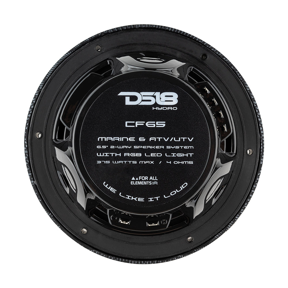 DS18 HYDRO 6.5" 2-Way Marine Speakers with RGB LED Lights, black carbon fiber design, 300W power, back view showing connectio