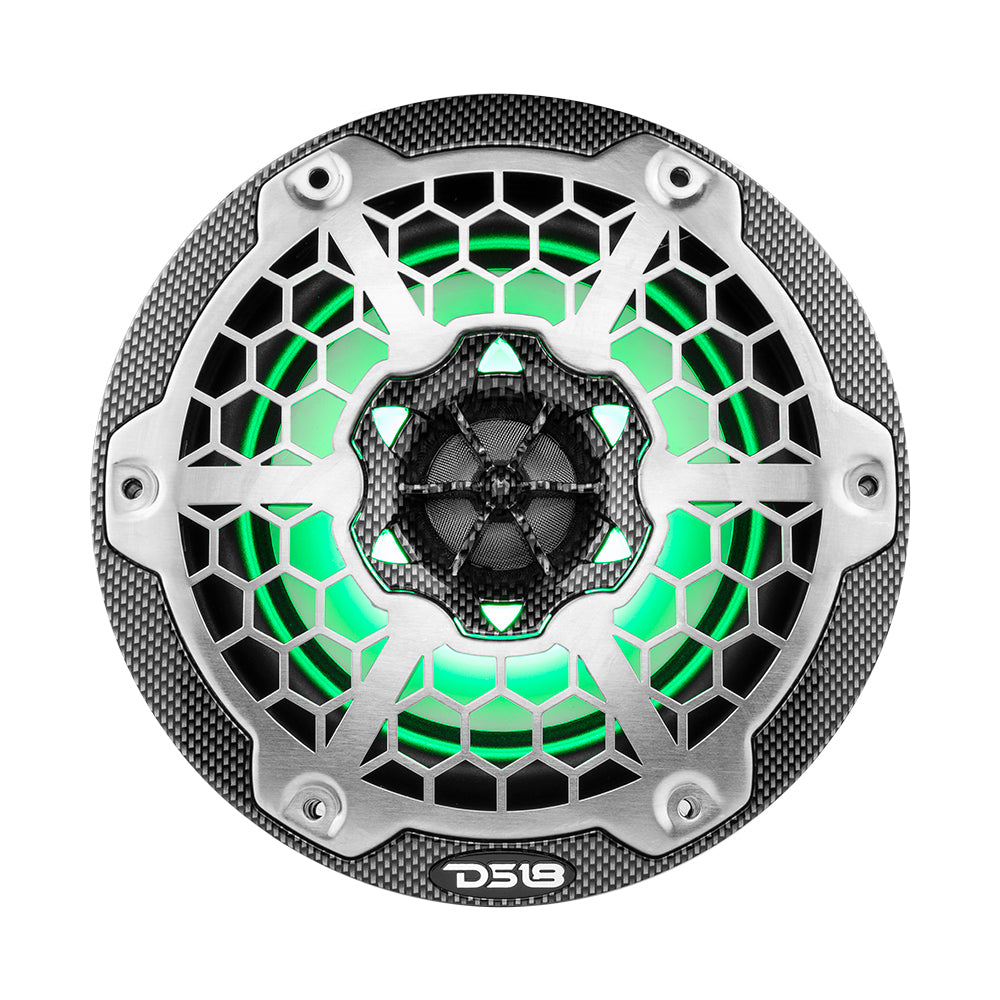 DS18 HYDRO 6.5" 2-Way Marine Speakers with RGB LED lights, featuring a black carbon fiber design and a silver grille.