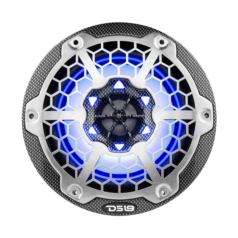 DS18 HYDRO 6.5" 2-Way Marine Speakers with RGB LED lights, featuring a black carbon fiber design and a hexagonal grille.