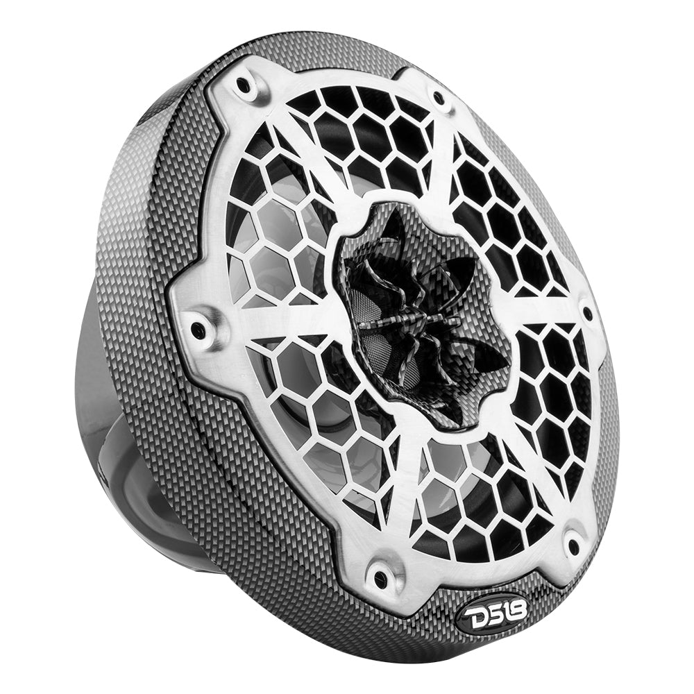 DS18 HYDRO 6.5" 2-Way Marine Speakers in black carbon fiber with a hexagonal grille and RGB LED lights. 300W power.