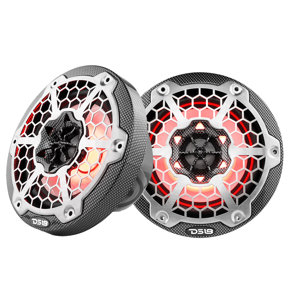 DS18 HYDRO 6.5" 2-Way Marine Speakers in black carbon fiber with RGB LED lights, featuring a hexagonal design and 300W power.