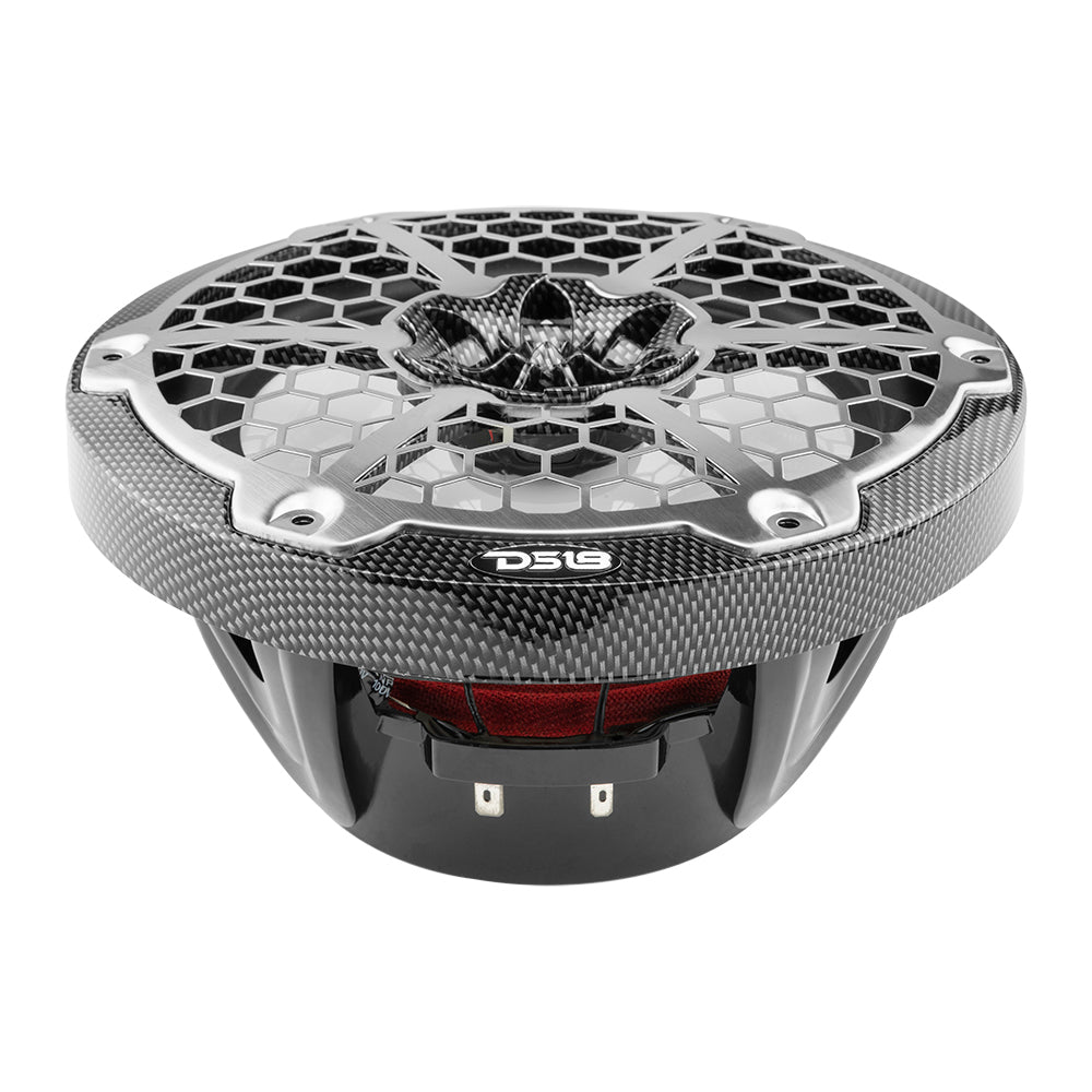 DS18 HYDRO 8" 2-Way Marine Speaker with RGB LED lights, black carbon fiber finish, and honeycomb grille design.
