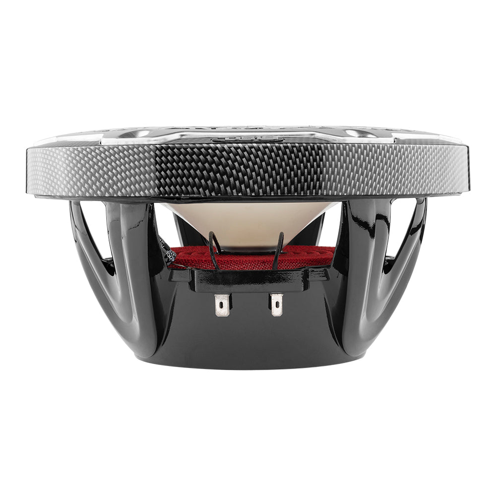 DS18 HYDRO 8" 2-Way Marine Speaker featuring a black carbon fiber design and RGB LED lights, showcasing its rear view.