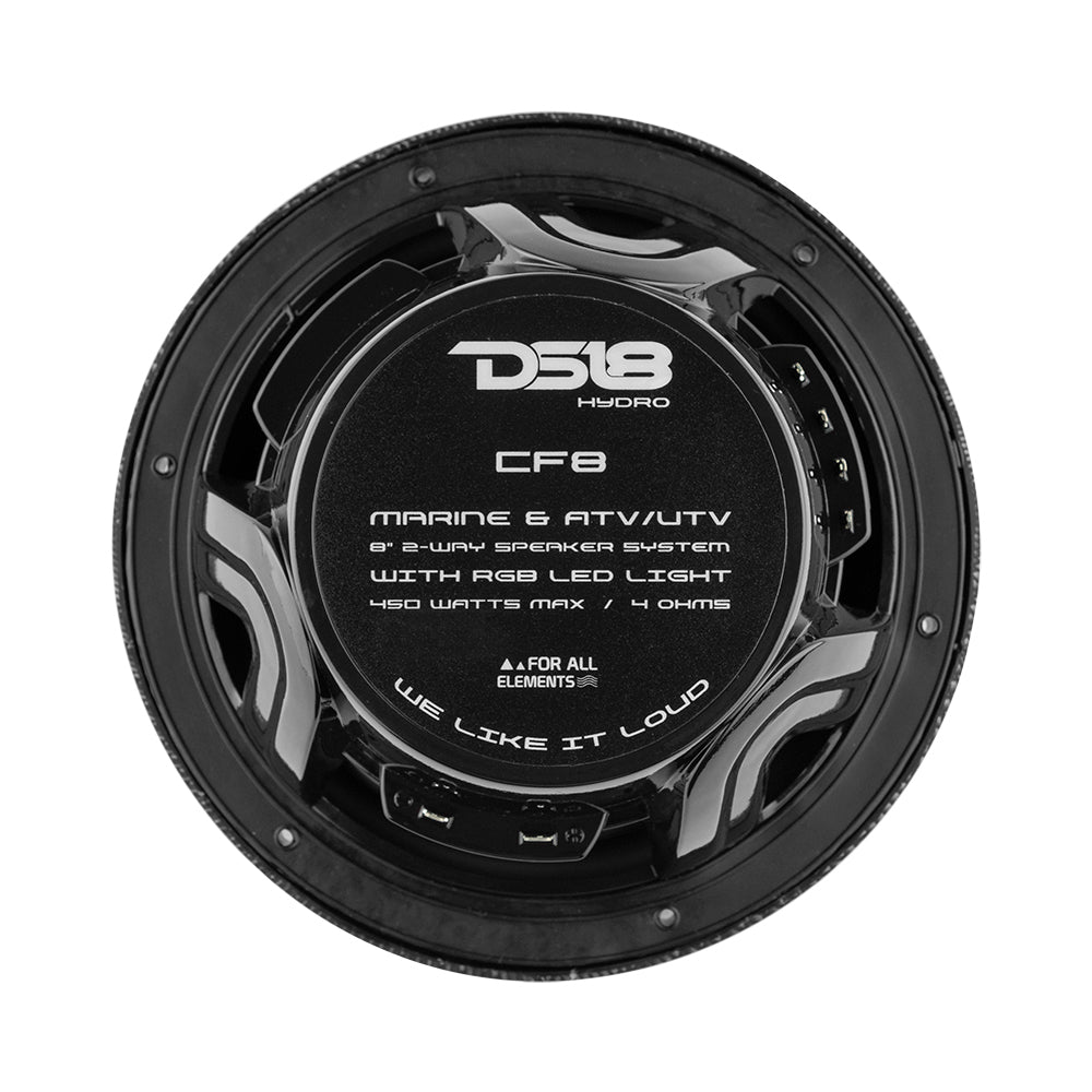 DS18 HYDRO 8" 2-Way Marine Speakers with RGB LED lights, black carbon fiber design, 125W RMS, 4-Ohm impedance.