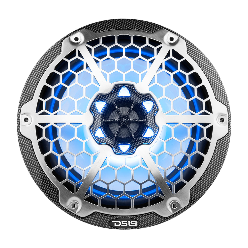 DS18 HYDRO 8" 2-Way Marine Speaker in black carbon fiber with RGB LED lights and a hexagonal grille design.
