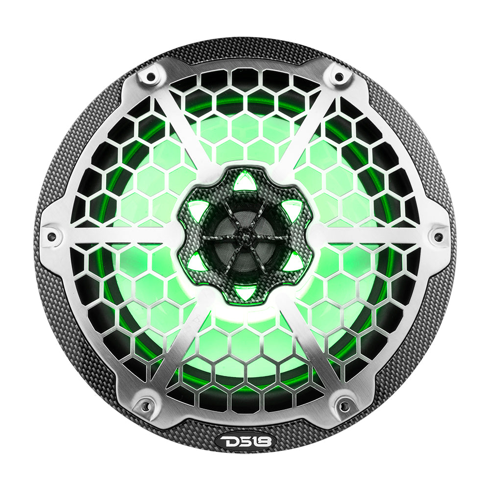 DS18 HYDRO 8" 2-Way Marine Speaker with RGB LED lights, black carbon fiber design, and a hexagonal grille.