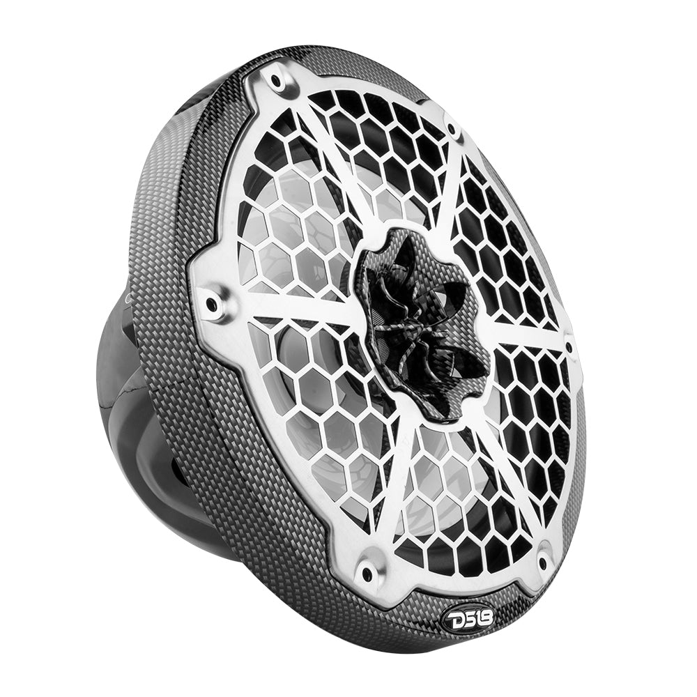 DS18 HYDRO 8" 2-Way Marine Speaker in black carbon fiber with a hexagonal grille and RGB LED lights. 125W RMS, 4-Ohm.