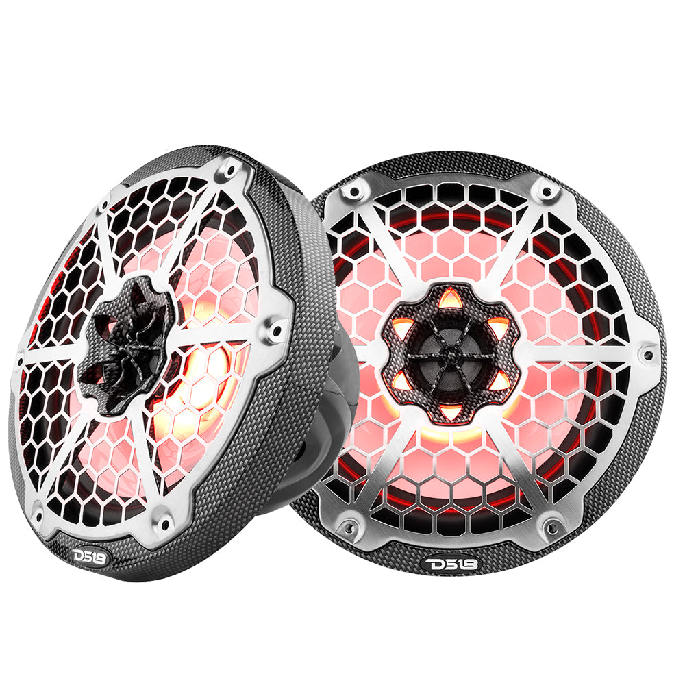 DS18 HYDRO 8" 2-Way Marine Speakers with RGB LED lights, black carbon fiber finish, featuring a honeycomb grille design.