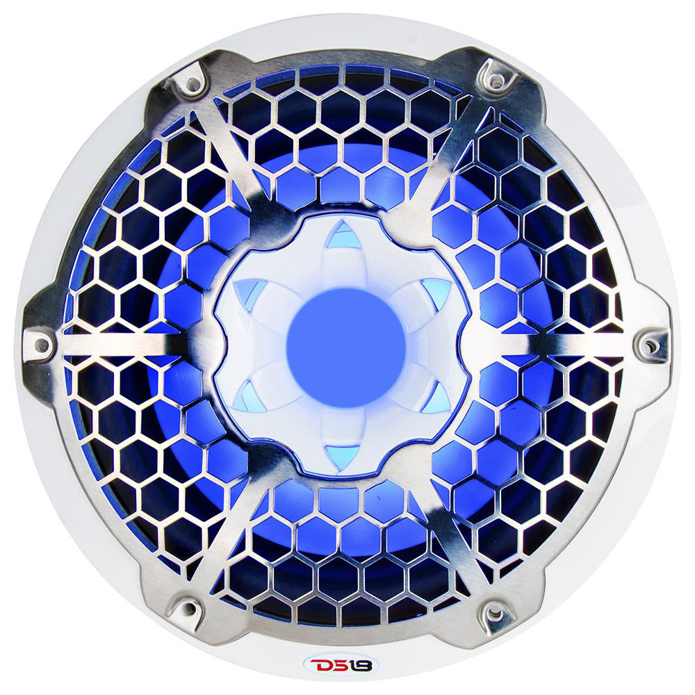 DS18 HYDRO 10" Subwoofer with RGB lights, featuring a hexagonal grille design and a vibrant blue illumination.