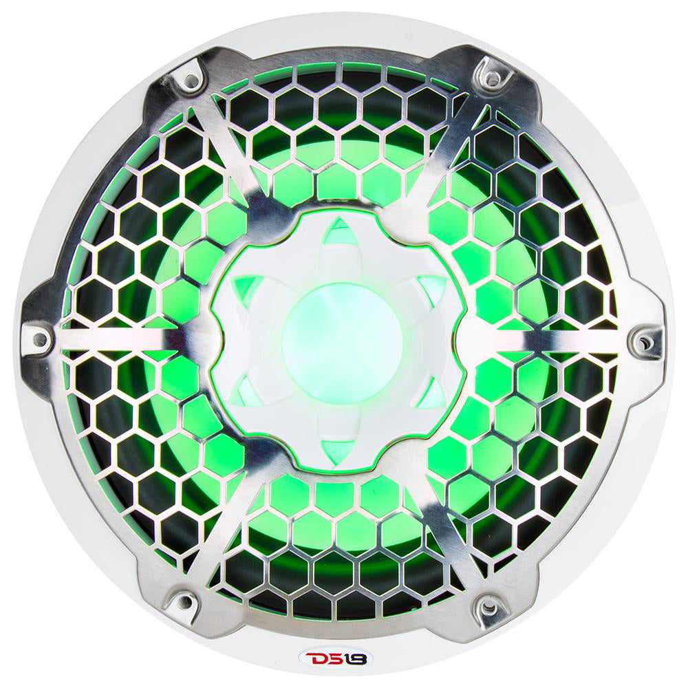 DS18 HYDRO 10" Subwoofer features a hexagonal grille with RGB lights, showcasing a vibrant green glow and a sleek white desig