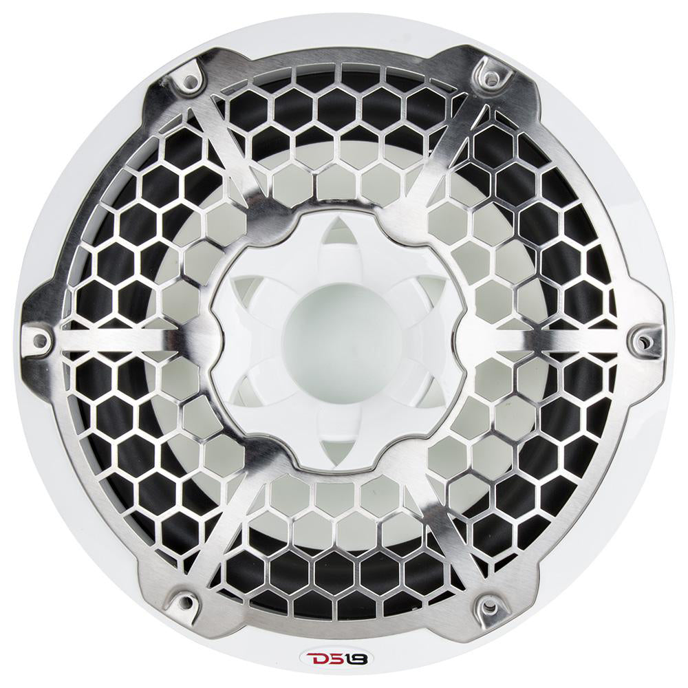 DS18 HYDRO 10" Subwoofer with RGB lights, featuring a white and silver design with a honeycomb grille. 600W power.