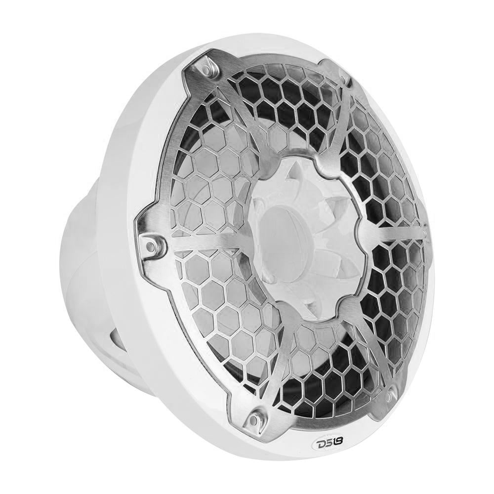 DS18 HYDRO 10" Subwoofer with RGB lights, 600W power, featuring a white housing and a hexagonal metal grille.