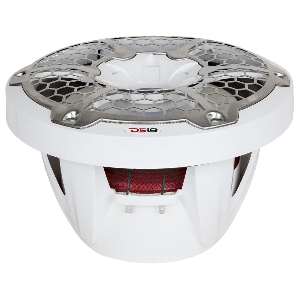 DS18 HYDRO 10" Subwoofer with RGB lights, 600W power, featuring a white exterior and a red speaker cone.