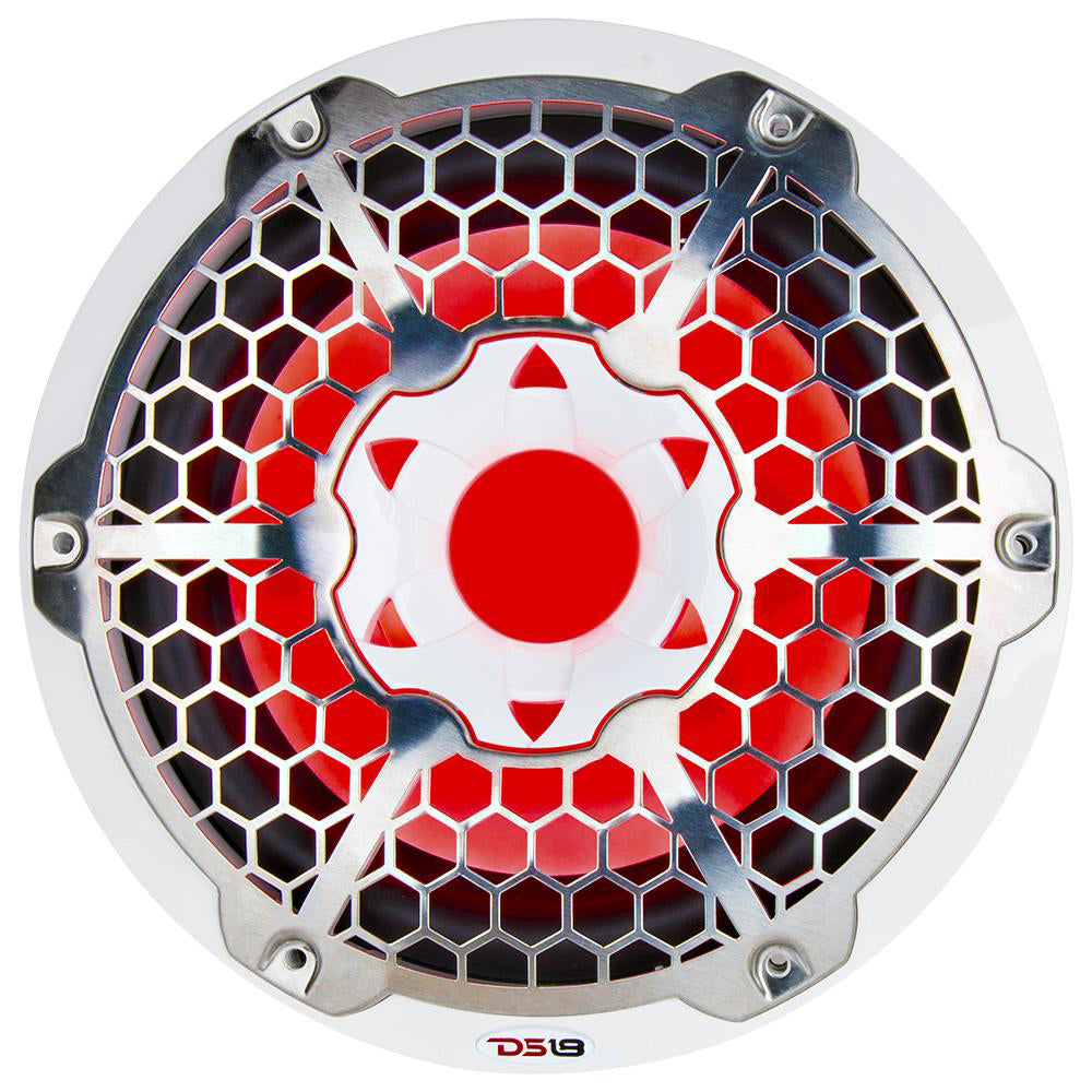 DS18 HYDRO 10" Subwoofer with RGB lights features a white hexagonal grille and a red center, showcasing a sleek design.