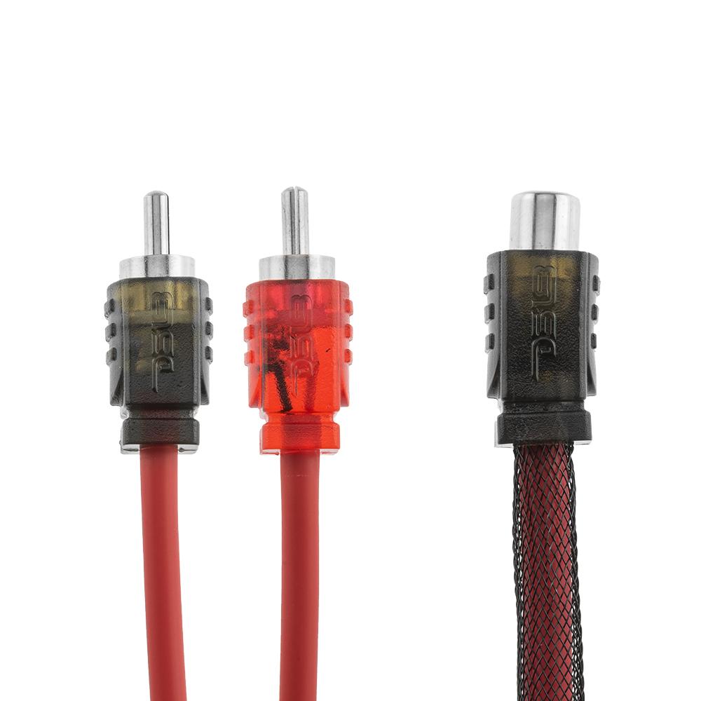 DS18 Advance Ultra Flex RCA Y Connector Cable featuring 1 female connector and 2 male connectors in red and black.