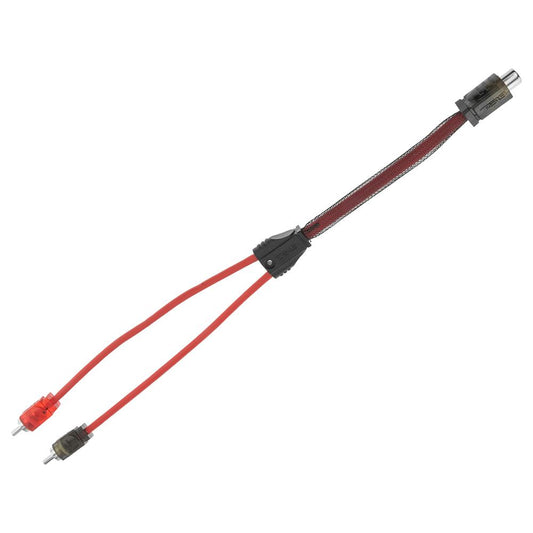 DS18 Advance Ultra Flex RCA Y Connector Cable with 1 female and 2 male connectors, featuring red and black cables.