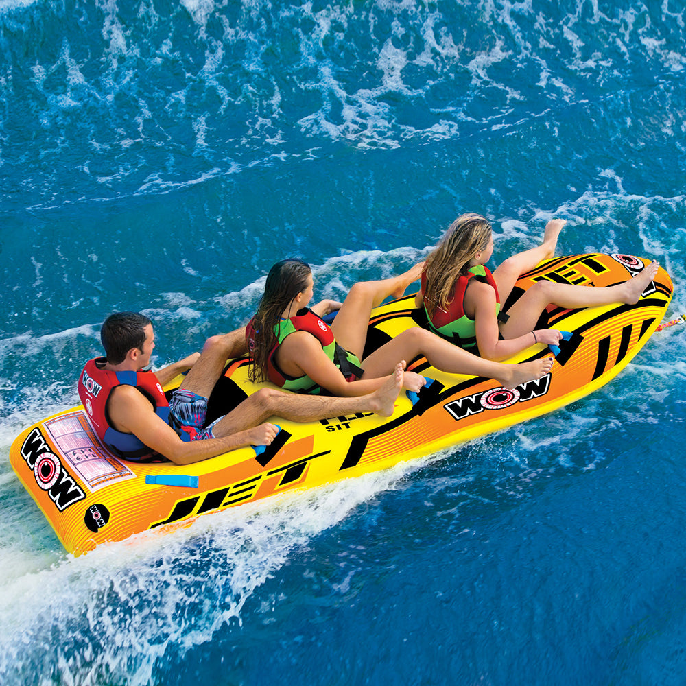 The Jet Boat series from WOW is a serious upgrade on an old design.  The torpedo or hot dog in-line towable has been around for years but the problem with these items has always been that they couldn’t get outside the wake very easy and on the turns.