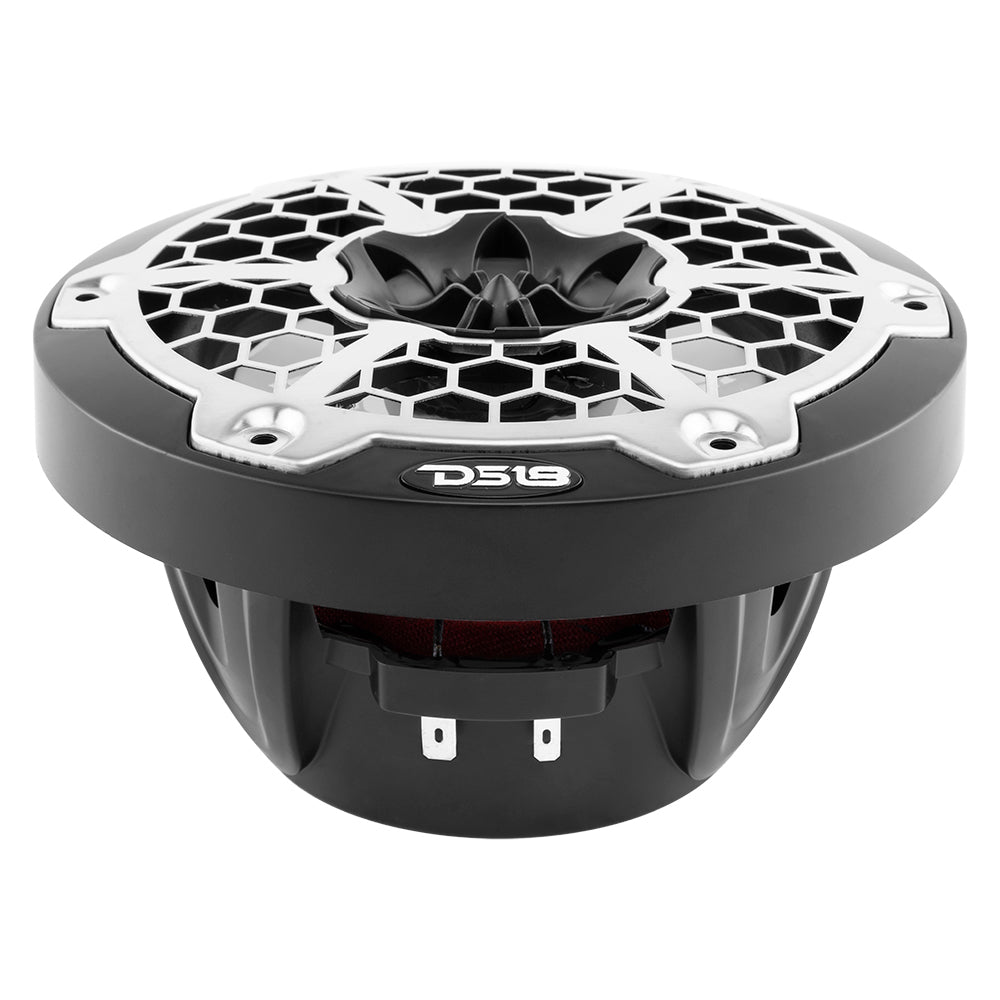 DS18 New Edition HYDRO 6.5" 2-Way Marine Speaker in black with a hexagonal grille and RGB LED lighting. 300W power.