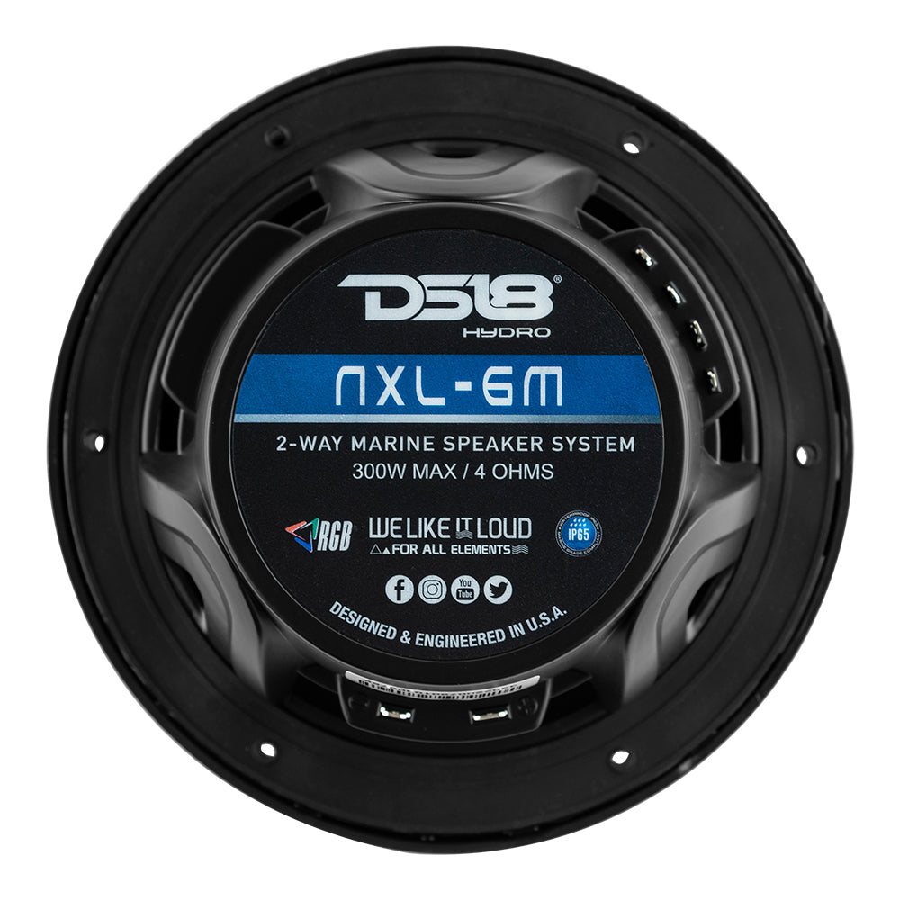 DS18 New Edition HYDRO 6.5" 2-Way Marine Speaker with RGB LED Lighting, 300W, black, featuring a detailed speaker cone design