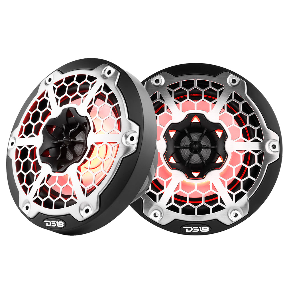 DS18 New Edition HYDRO 6.5" 2-Way Marine Speakers with RGB LED lighting, featuring a black and silver design.