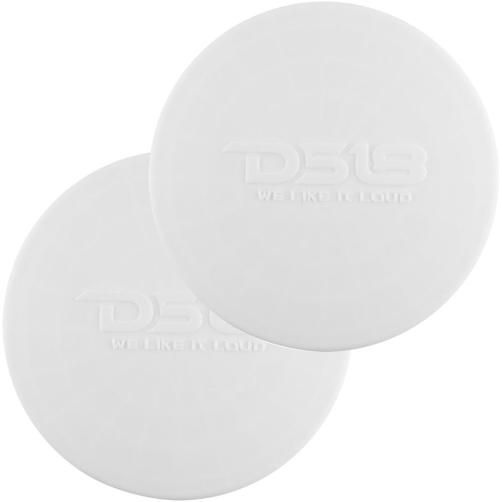 White DS18 Silicone Marine Speaker Covers for 6.5" speakers, featuring a textured surface and embossed logo.