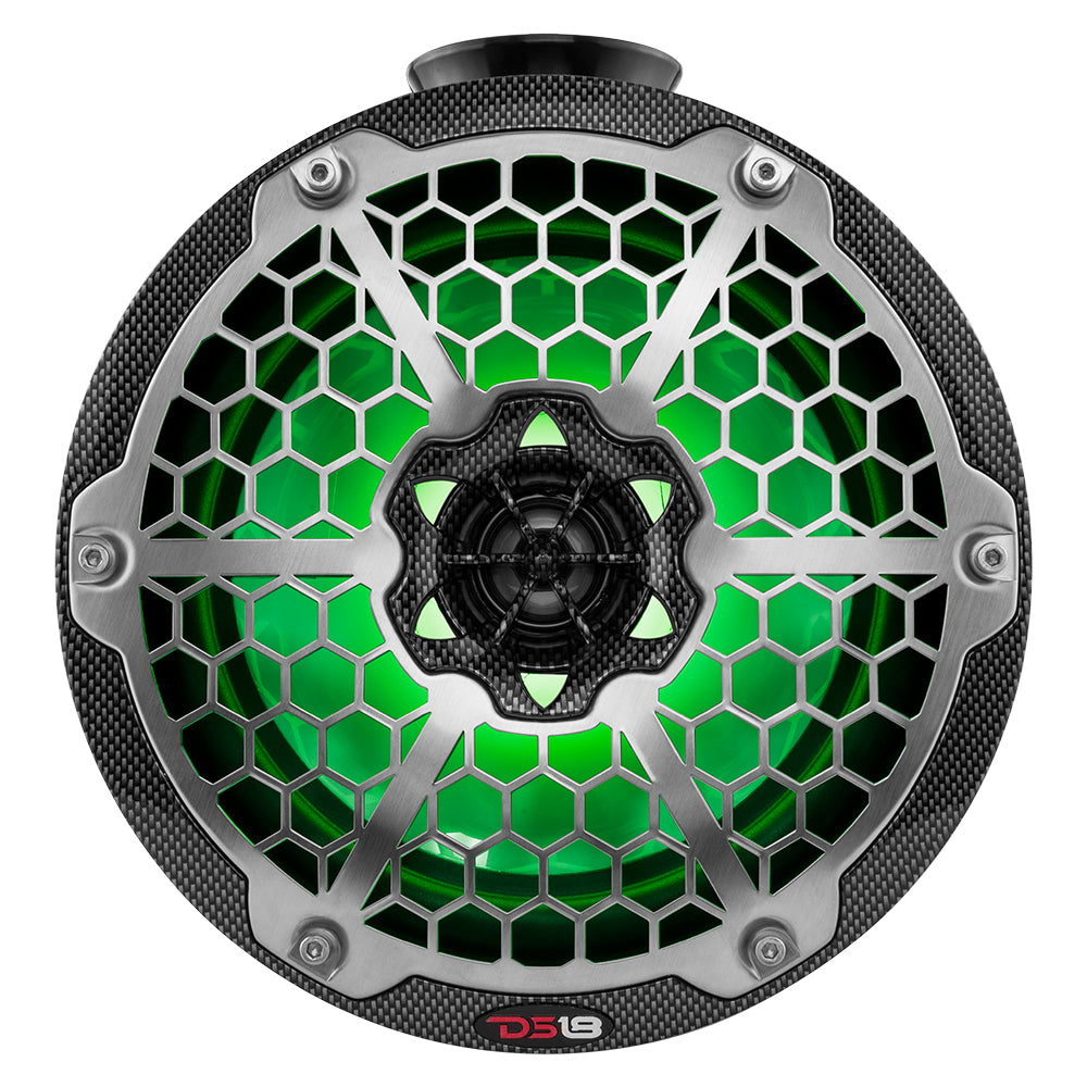 DS18 HYDRO 8" Compact Wakeboard Pod Tower in black carbon fiber with a green RGB light and a honeycomb grille design.