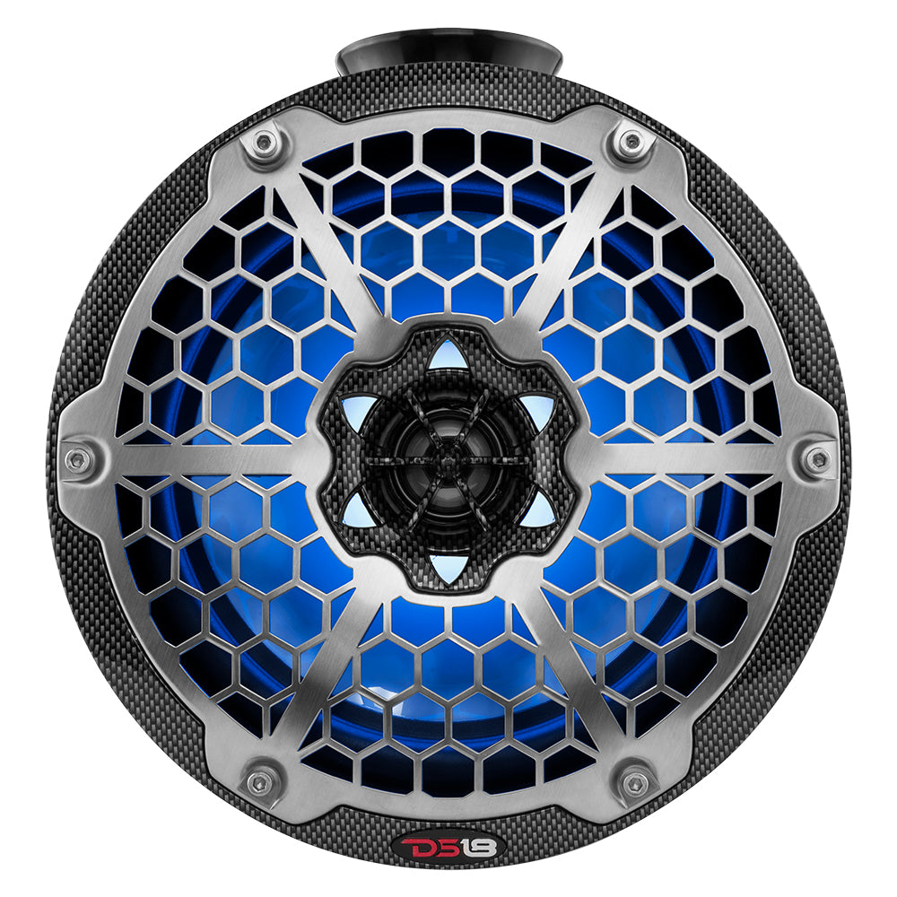 DS18 HYDRO 8" Compact Wakeboard Pod Tower in black carbon fiber with a blue RGB light and honeycomb grille design.