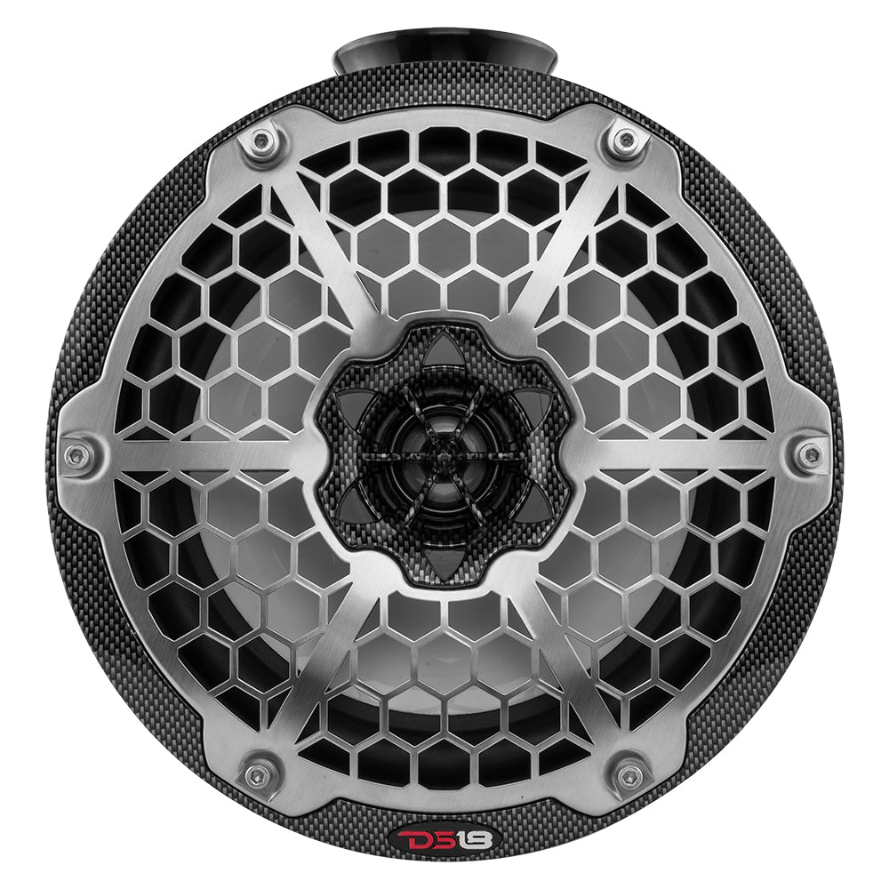 DS18 HYDRO 8" Compact Wakeboard Pod Tower speaker in black carbon fiber with a honeycomb grille and RGB lighting.