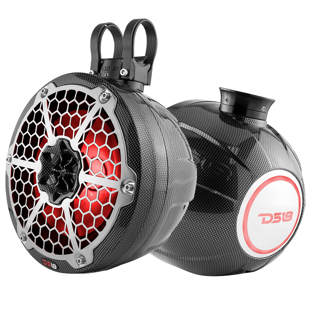 DS18 HYDRO 8" Compact Wakeboard Pod Tower in black carbon fiber with RGB lights and a sleek design. 375W power output.
