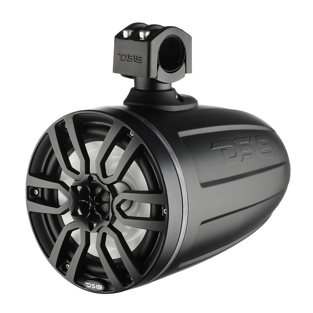 DS18 X Series HYDRO 8" Wakeboard Pod Tower Speaker in matte black with RGB LED light, featuring a sleek design and mounting b