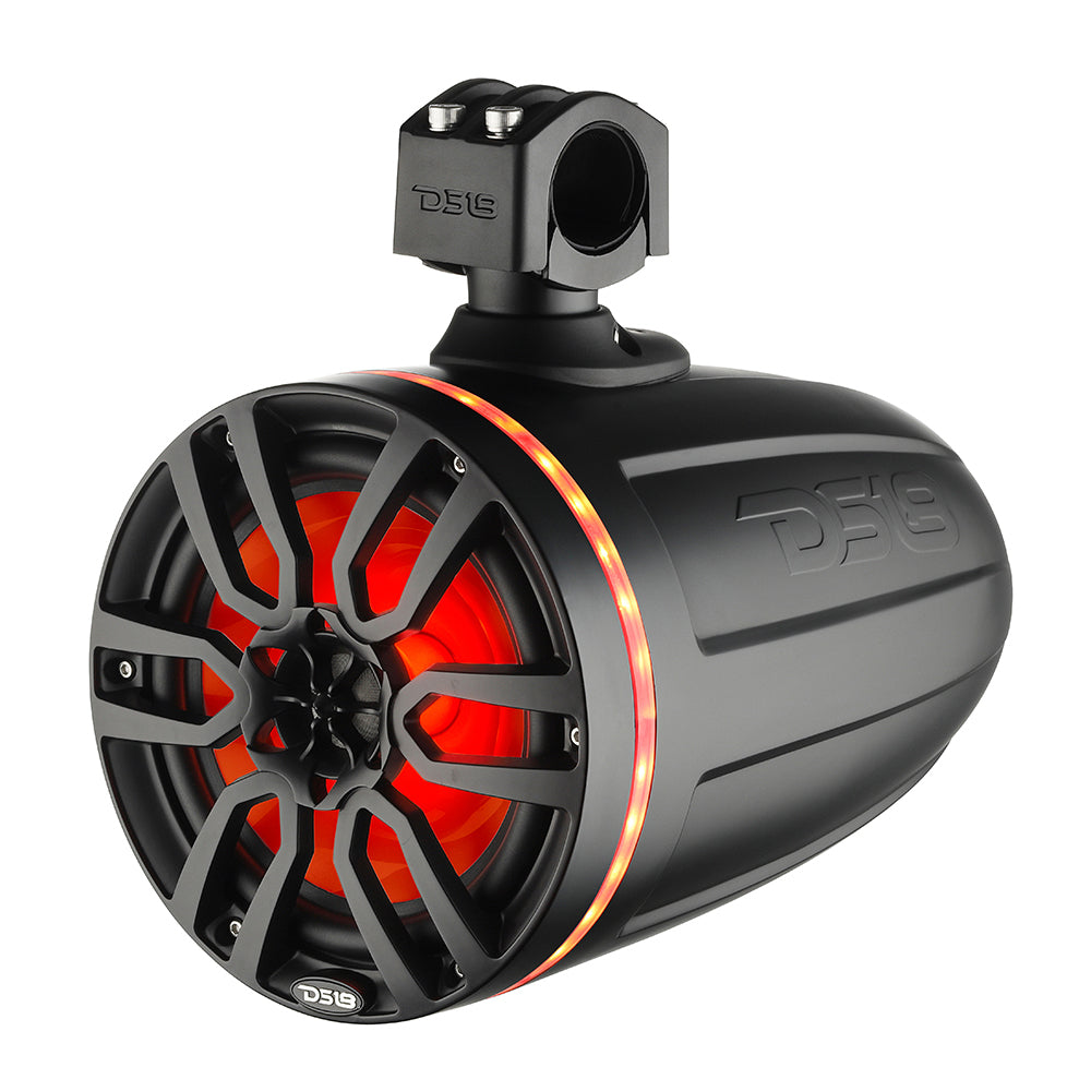 DS18 X Series HYDRO 8" Wakeboard Pod Tower Speaker in matte black with RGB LED light and 375W power output.