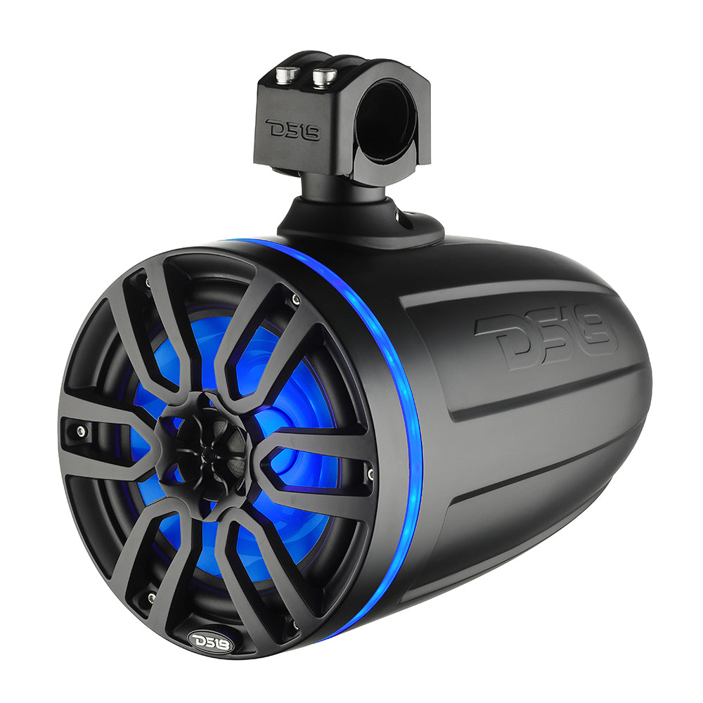 DS18 X Series HYDRO 8" Wakeboard Pod Tower Speaker in matte black with RGB LED light and a sleek design. 375W power output.