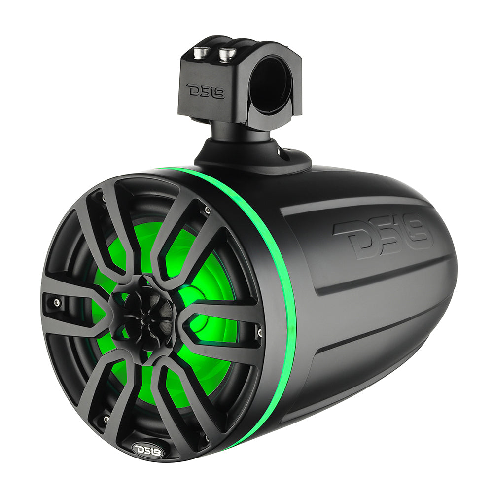 DS18 X Series HYDRO 8" Wakeboard Pod Tower Speaker in matte black with RGB LED light and a sleek design. 375W power output.