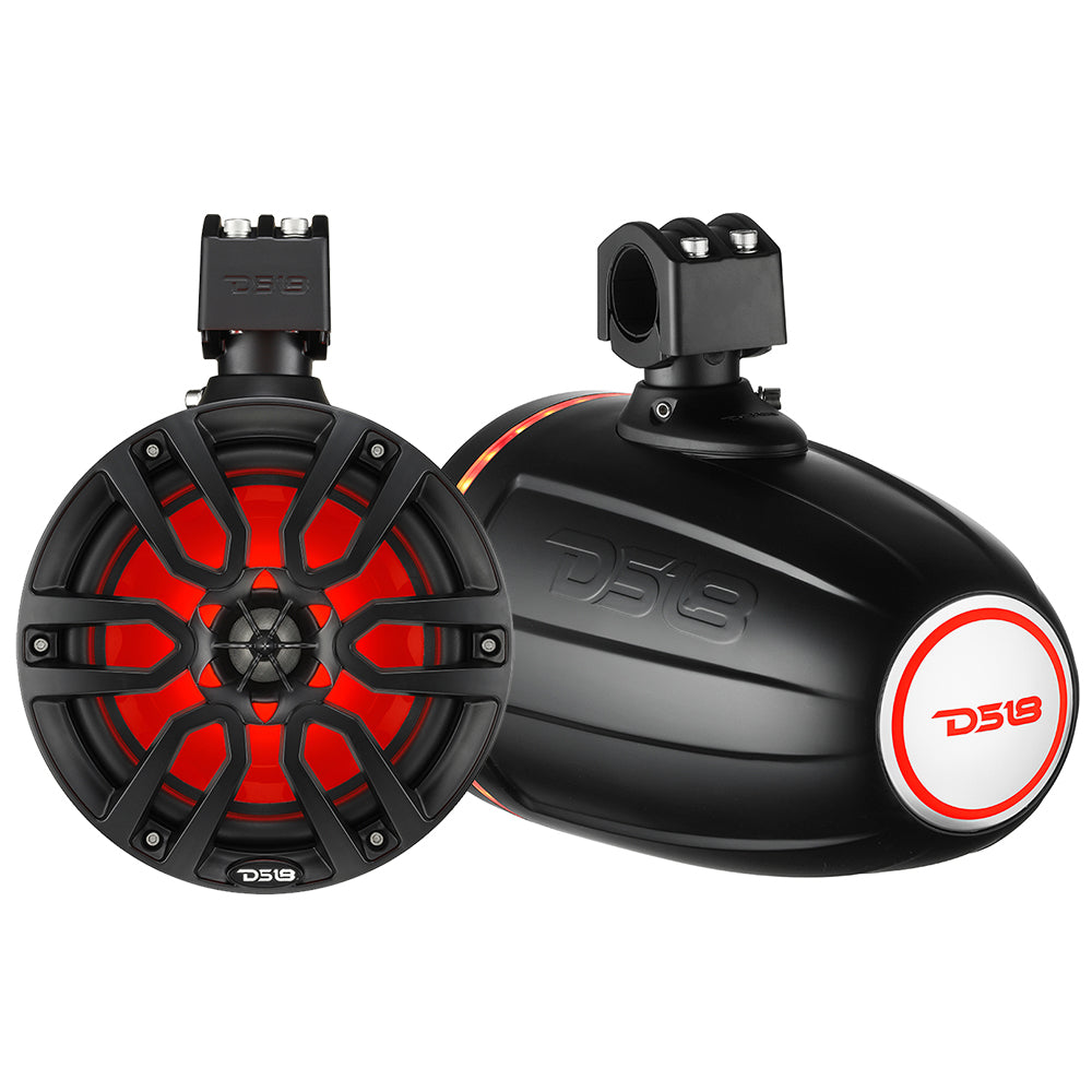 DS18 X Series HYDRO 8" Wakeboard Pod Tower Speaker in matte black with RGB LED light, showcasing a sleek design and mounting 