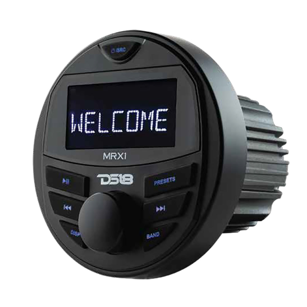 DS18 Marine Stereo MRX1 featuring a digital display, control buttons, and a sleek round design for easy marine installation.
