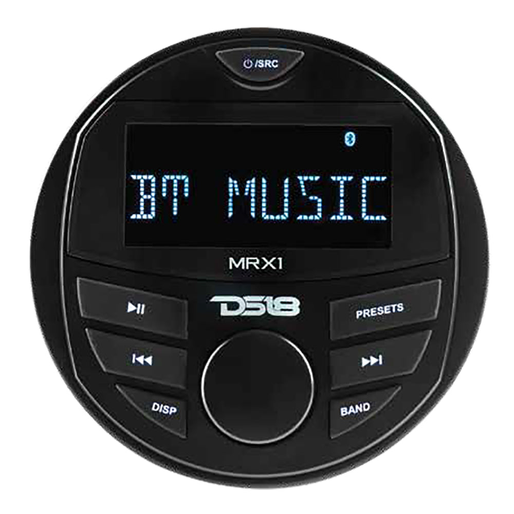 DS18 Marine Stereo MRX1 with a round black face, digital display, and control buttons for AM/FM/Bluetooth functions.